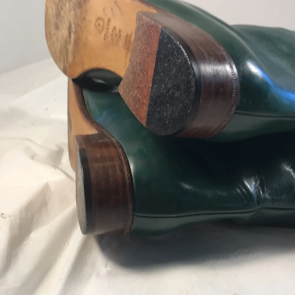 Pollini Vintage Dark Green & Tan Women's 14” Tall Luxury Leather Riding Boots